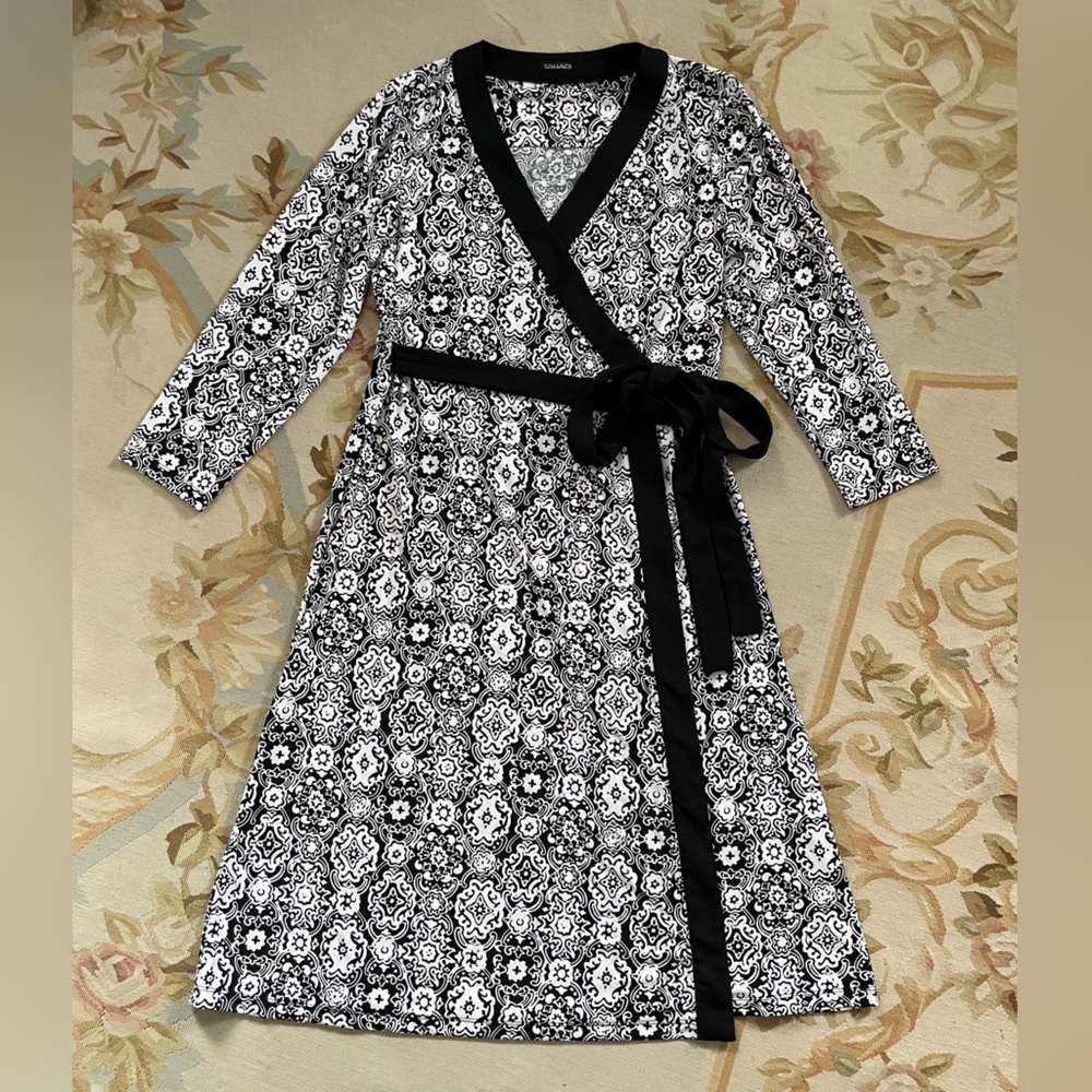 Tahari Black and White Printed Wrap Midi Dress
